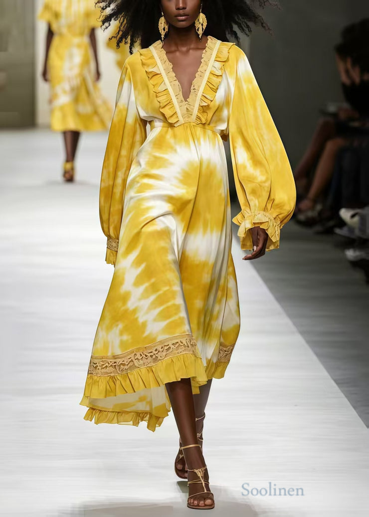 Modern Yellow Ruffled Print Chiffon Maxi Dresses Spring