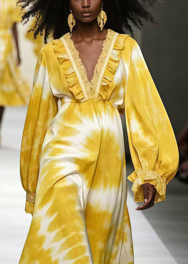 Modern Yellow Ruffled Print Chiffon Maxi Dresses Spring
