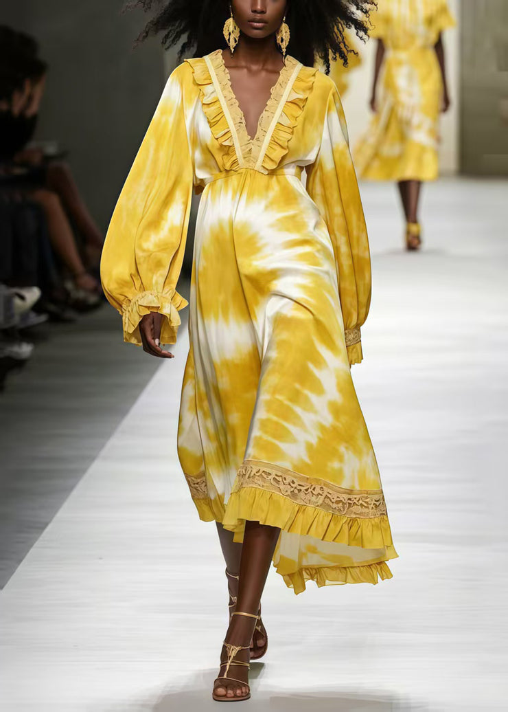 Modern Yellow Ruffled Print Chiffon Maxi Dresses Spring