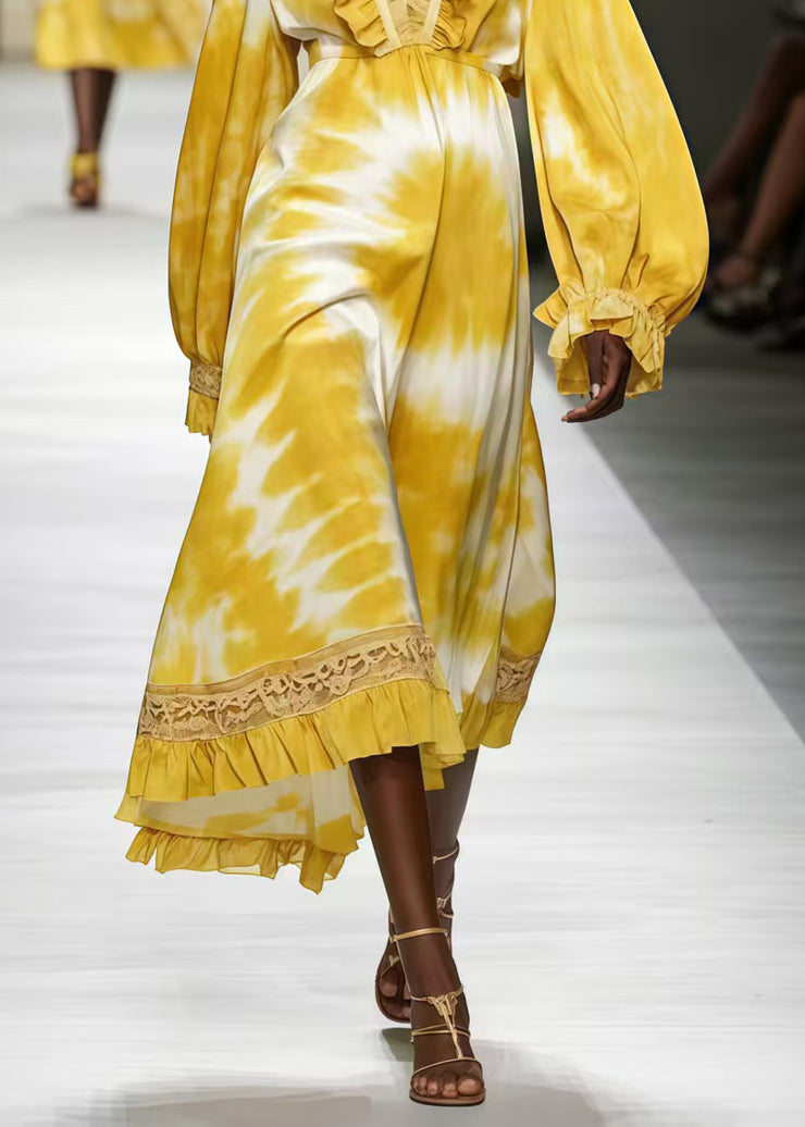 Modern Yellow Ruffled Print Chiffon Maxi Dresses Spring