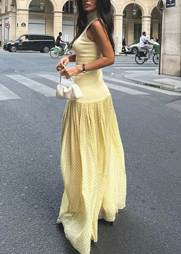 Modern Yellow Stand Collar Patchwork Tulle Dress Sleeveless