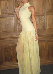 Modern Yellow Stand Collar Patchwork Tulle Dress Sleeveless