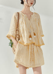 Modern Yellow Striped Top And Shorts Two-Piece Set Short Sleeve