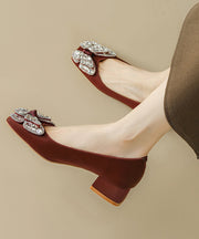 Mulberry Bow Zircon Splicing Satin Chunky High Heels