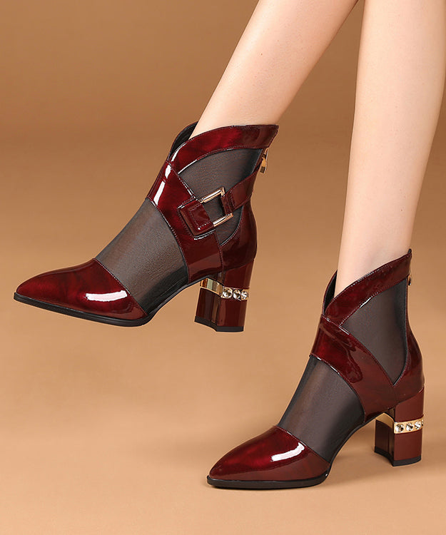 Mulberry Chunky Heel Faux Leather 2025 Tulle Splicing Boots