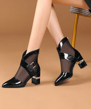 Mulberry Chunky Heel Faux Leather 2025 Tulle Splicing Boots