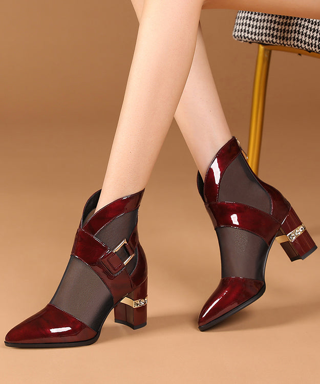Mulberry Chunky Heel Faux Leather 2025 Tulle Splicing Boots