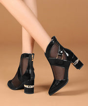 Mulberry Chunky Heel Faux Leather 2025 Tulle Splicing Boots