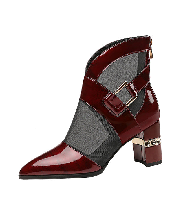 Mulberry Chunky Heel Faux Leather 2025 Tulle Splicing Boots