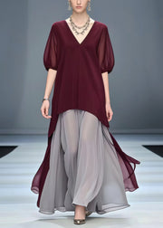 Mulberry Patchwork Chiffon Vacation Dresses Fake Two Piece Summer