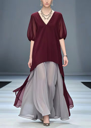 Mulberry Patchwork Chiffon Vacation Dresses Fake Two Piece Summer