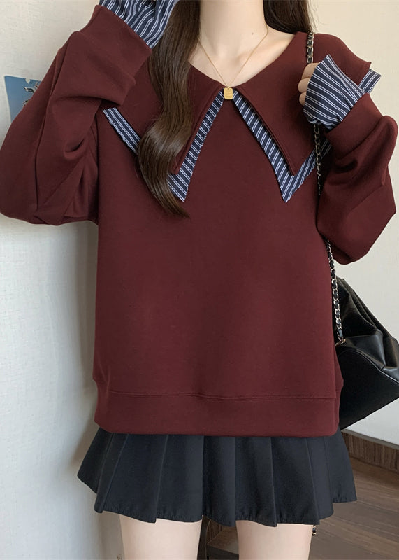 Mulberry Patchwork Cotton Fake Two Piece Sweatshirts Oversized Fall