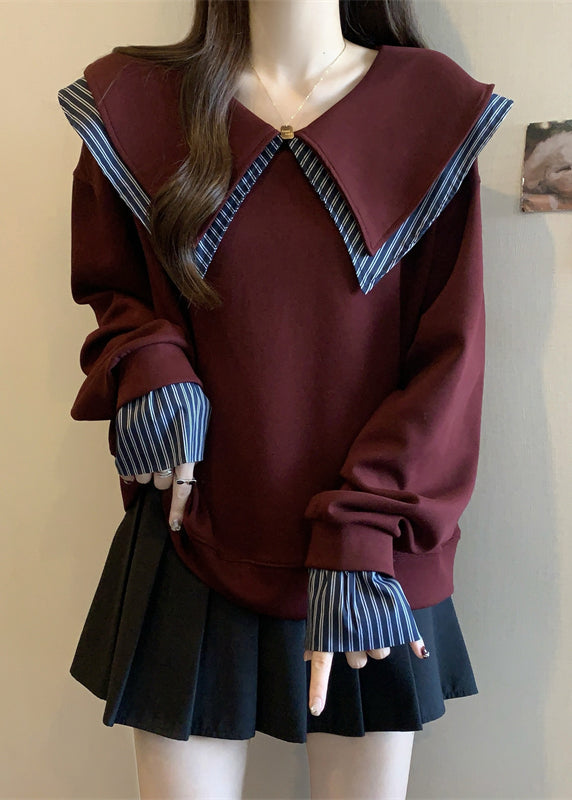 Mulberry Patchwork Cotton Fake Two Piece Sweatshirts Oversized Fall
