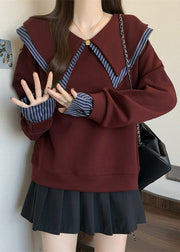 Mulberry Patchwork Cotton Fake Two Piece Sweatshirts Oversized Fall