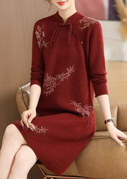 Mulberry Print Cotton Knitted Maxi Sweaters Dress Lantern Sleeve