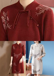 Mulberry Print Cotton Knitted Maxi Sweaters Dress Lantern Sleeve