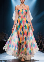 Multicolour Plaid Chiffon Party Dress Cold Shoulder Puff Sleeve