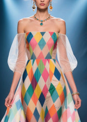 Multicolour Plaid Chiffon Party Dress Cold Shoulder Puff Sleeve