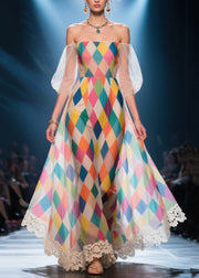 Multicolour Plaid Chiffon Party Dress Cold Shoulder Puff Sleeve