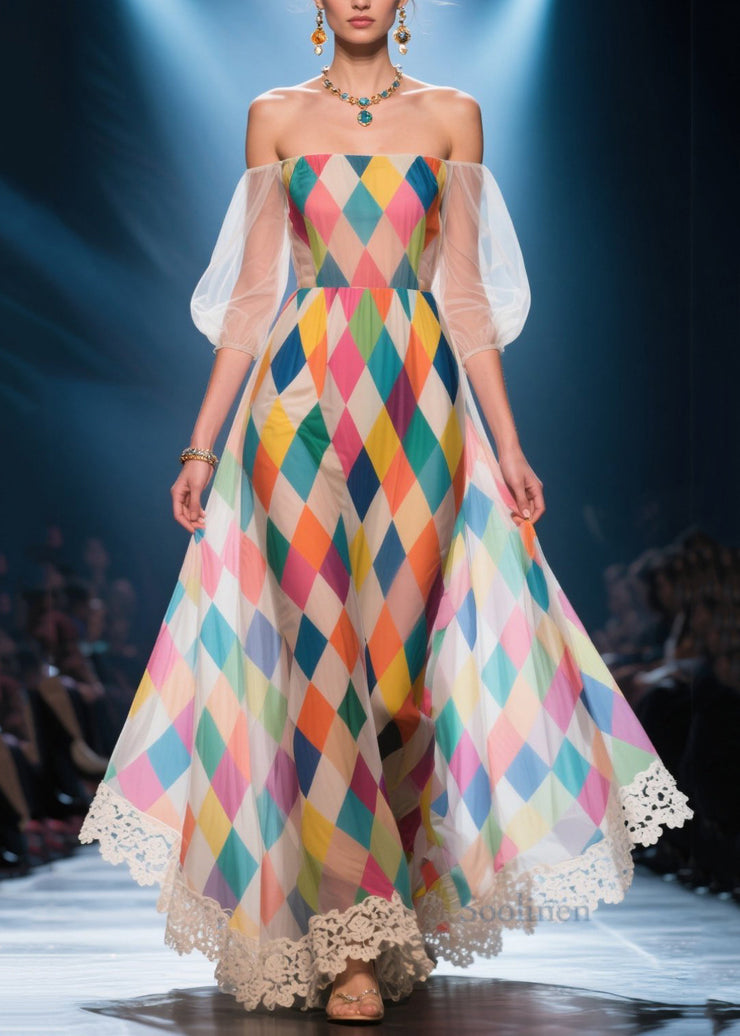 Multicolour Plaid Chiffon Party Dress Cold Shoulder Puff Sleeve