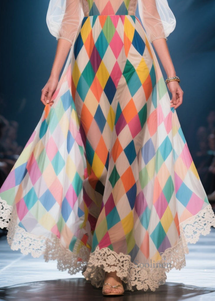 Multicolour Plaid Chiffon Party Dress Cold Shoulder Puff Sleeve
