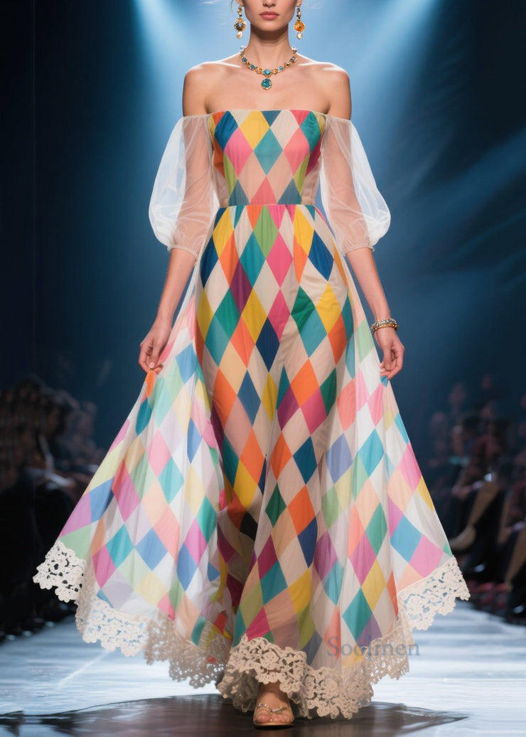 Multicolour Plaid Chiffon Party Dress Cold Shoulder Puff Sleeve
