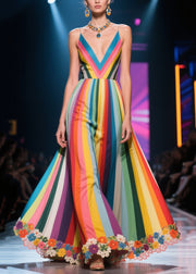 Multicolour Striped Flower Decorated Exra Large Hem Dinner Dresses Summer