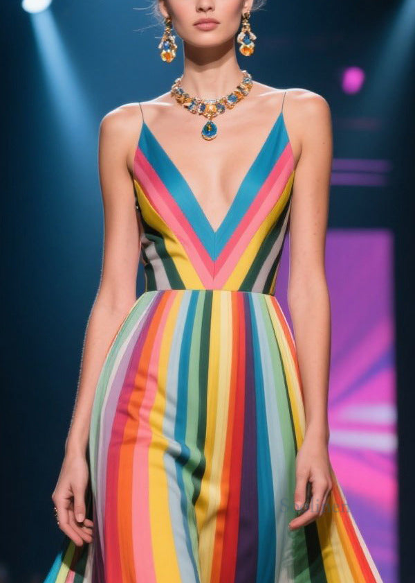 Multicolour Striped Flower Decorated Exra Large Hem Dinner Dresses Summer