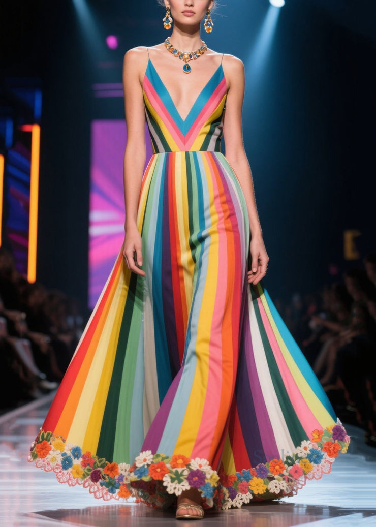 Multicolour Striped Flower Decorated Exra Large Hem Dinner Dresses Summer