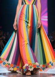 Multicolour Striped Flower Decorated Exra Large Hem Dinner Dresses Summer