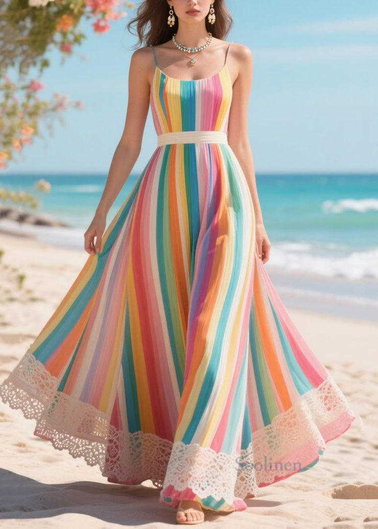 Multicolour Striped Lace Patchwork Exra Large Hem Chiffon Dress Summer