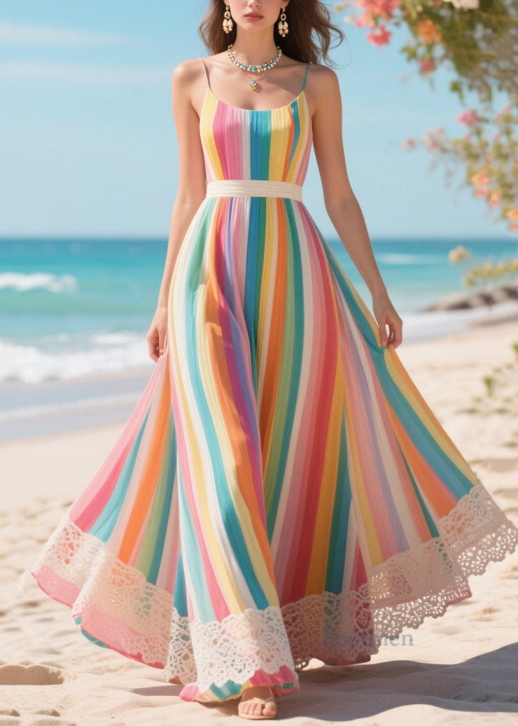 Multicolour Striped Lace Patchwork Exra Large Hem Chiffon Dress Summer