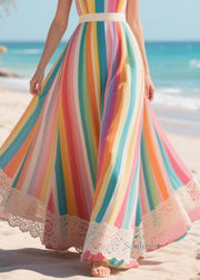 Multicolour Striped Lace Patchwork Exra Large Hem Chiffon Dress Summer