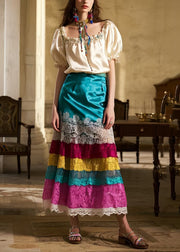 National Style Peacock Blue Patchwork Lace A Line Skirt