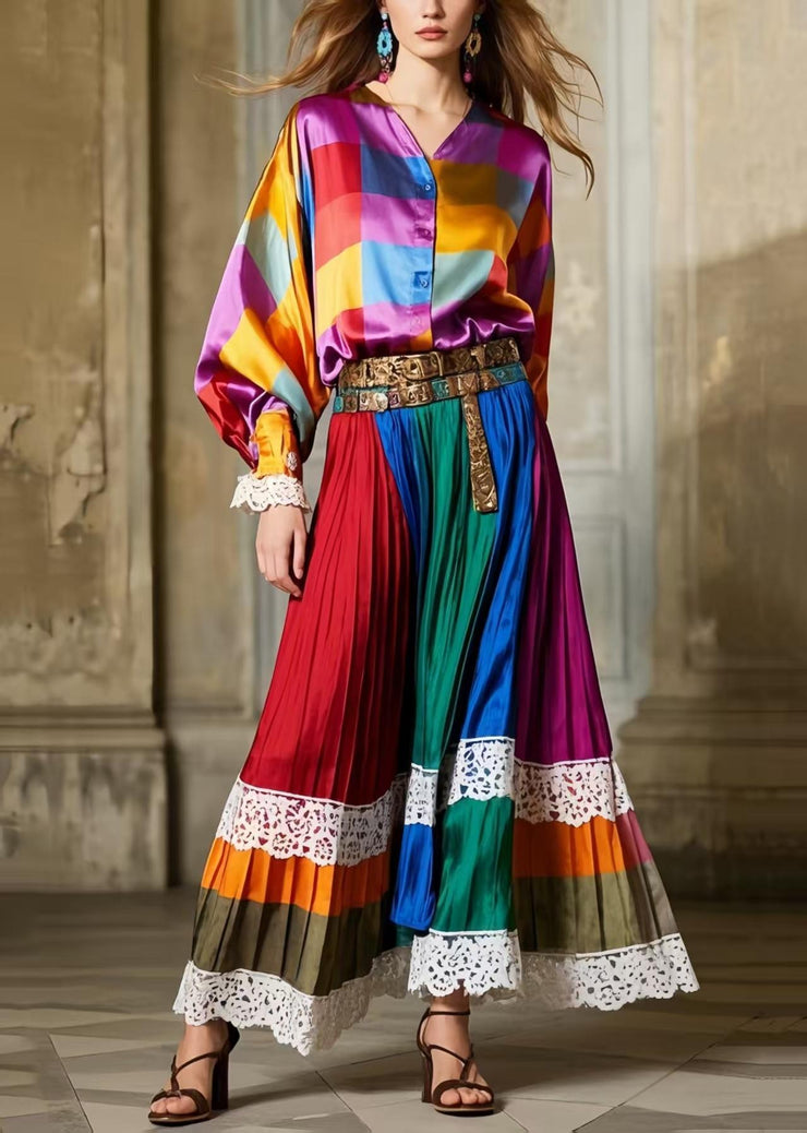 National Style Polychrome Patchwork Lace Exra Large Hem Pleated Skirt