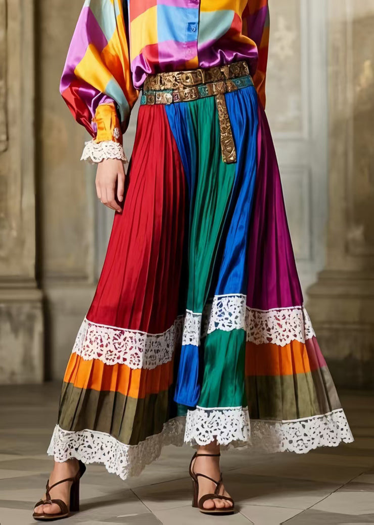 National Style Polychrome Patchwork Lace Exra Large Hem Pleated Skirt