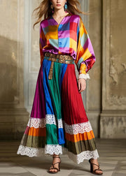 National Style Polychrome Patchwork Lace Exra Large Hem Pleated Skirt