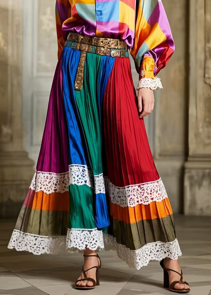 National Style Polychrome Patchwork Lace Exra Large Hem Pleated Skirt