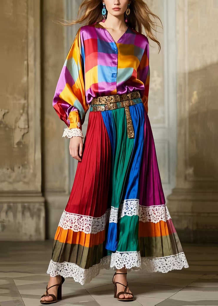 National Style Polychrome Patchwork Lace Exra Large Hem Pleated Skirt