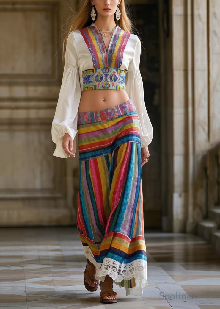 National Style Striped Patchwork Silm Fit Two Piece Set Outfits Spring
