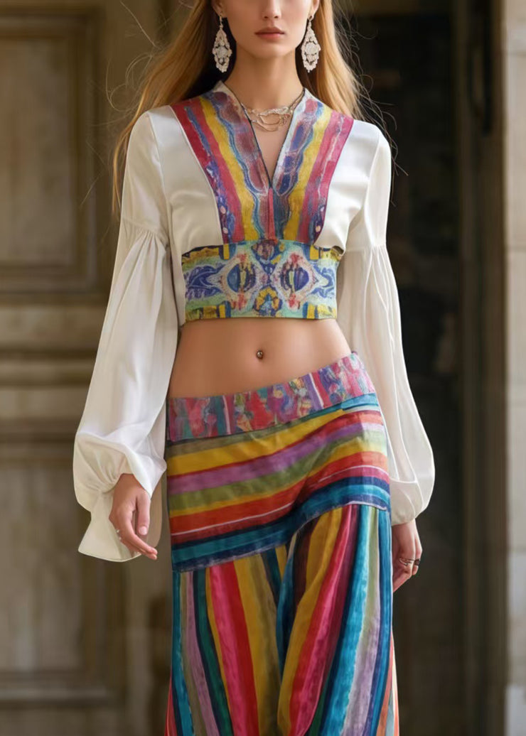 National Style Striped Patchwork Silm Fit Two Piece Set Outfits Spring