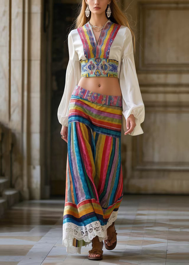 National Style Striped Patchwork Silm Fit Two Piece Set Outfits Spring