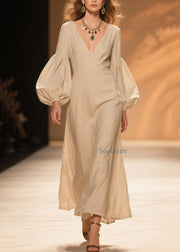 Natural Beige V Neck Patchwork Cotton Dresses Lantern Sleeve