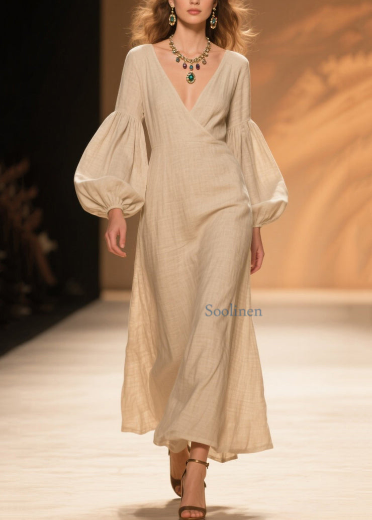 Natural Beige V Neck Patchwork Cotton Dresses Lantern Sleeve