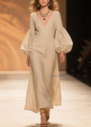 Natural Beige V Neck Patchwork Cotton Dresses Lantern Sleeve