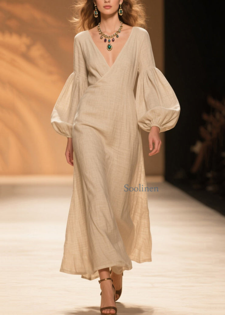 Natural Beige V Neck Patchwork Cotton Dresses Lantern Sleeve
