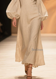 Natural Beige V Neck Patchwork Cotton Dresses Lantern Sleeve