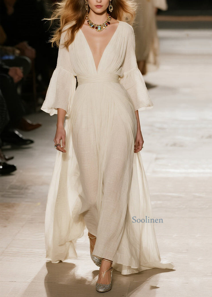 Natural Beige V Neck Patchwork Cotton Maxi Dresses Fall