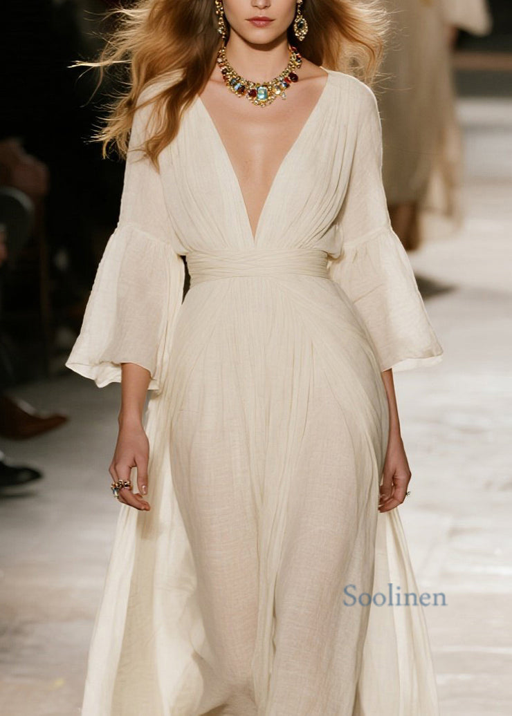 Natural Beige V Neck Patchwork Cotton Maxi Dresses Fall