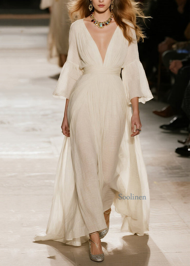 Natural Beige V Neck Patchwork Cotton Maxi Dresses Fall